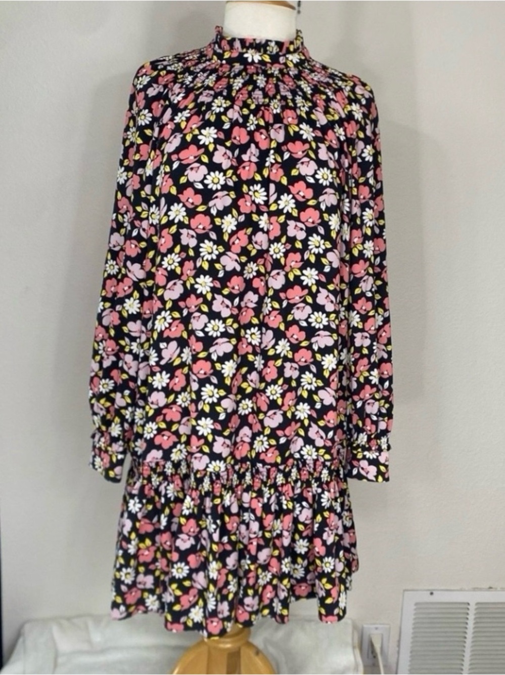Kate Spade Women's Black Pink Floral Smock Flounce Dress Classic Preppy Size M